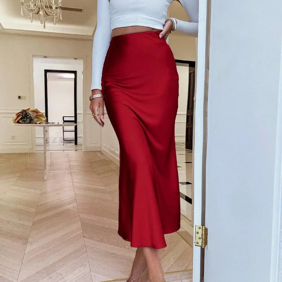 Red Party Women's High Street Style Slim Fit Long Skirt - Picture 4 of 4